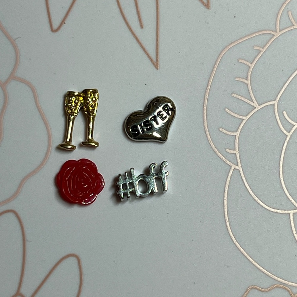 Origami Owl Wine glasses, sister heart, rose and BFF charms